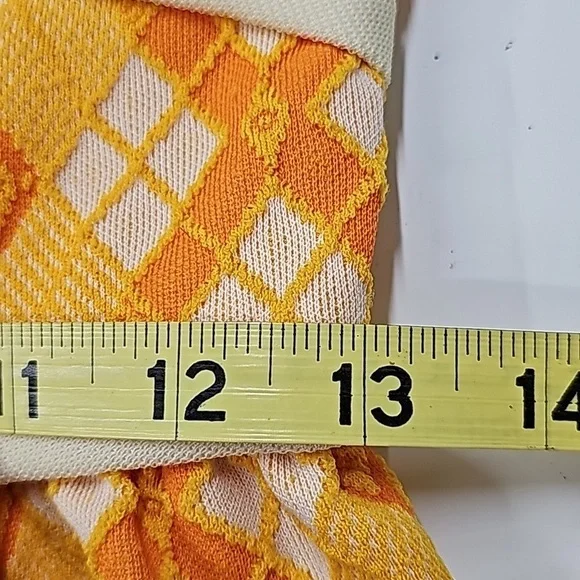 Patty Woodard Vtg 70's argyle dress, yellow orange white, SL, fitted, A-line - Picture 8 of 10